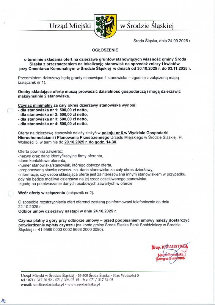 Ogłoszenie o terminie składania ofert na dzierżawę gruntów stanowiących własność gminy Środa Śląska z przeznaczeniem na lokalizację stanowisk na sprzedaż zniczy i kwiatów przy Cmentarzu Komunalnym w Środzie Śląskiej w dniach od 30.10.2025 r. do 03.11.2025 r.